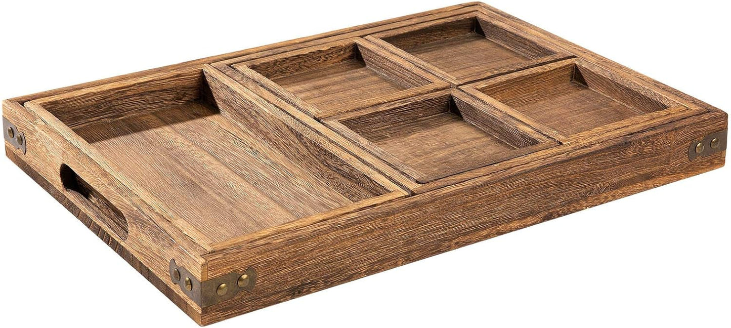 Wooden Serving Trays W/Handle Rectangular Rustic Tray, Set of 7