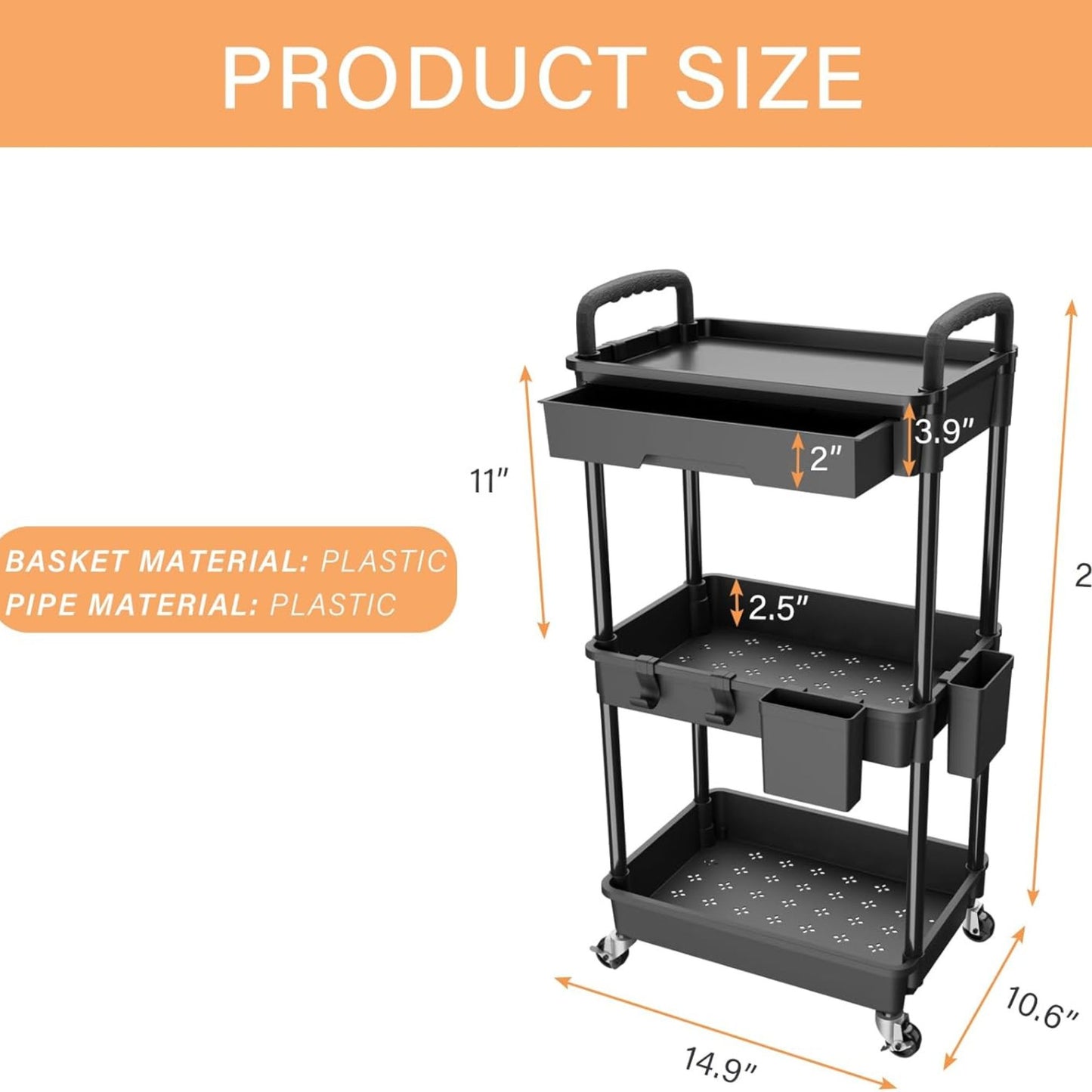 Rolling 3 Tier Utility Cart with Drawer Storage Organizer, Black