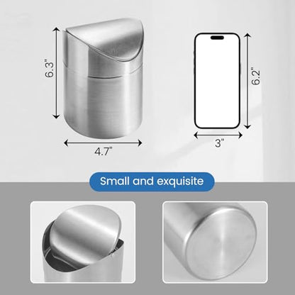 Mini Trash Can W/Lid, 1.5L Bin Brushed Stainless Steel Trash Can