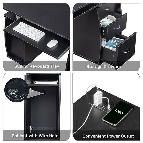 Writing Desk W/Charge Station MDF 3-Drawer Storage Cabinet, Black