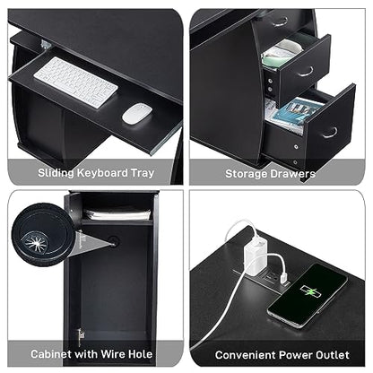 Writing Desk W/Charge Station MDF 3-Drawer Storage Cabinet, Black