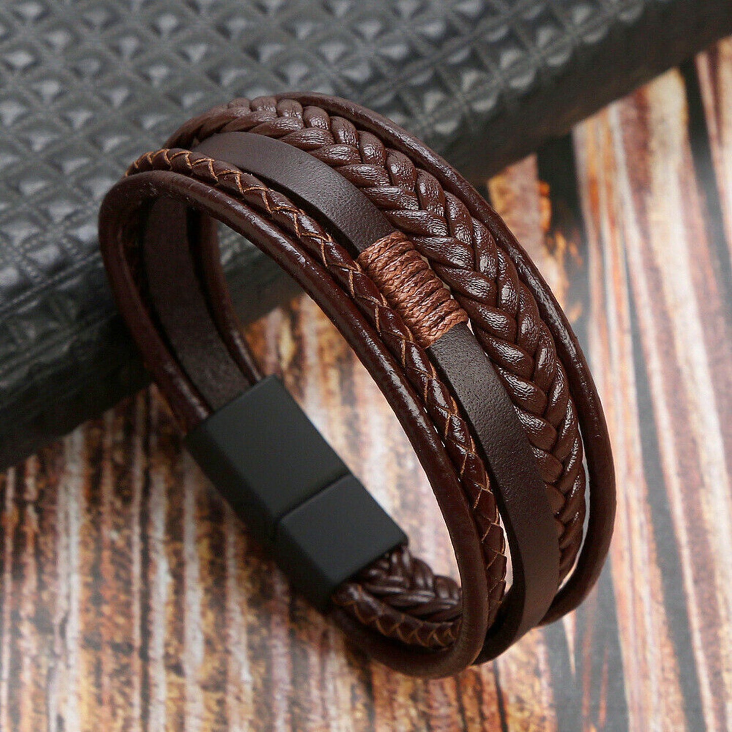 Men Bracelet Leather Bracelet Multi-Layer Magnetic Clasp, Brown