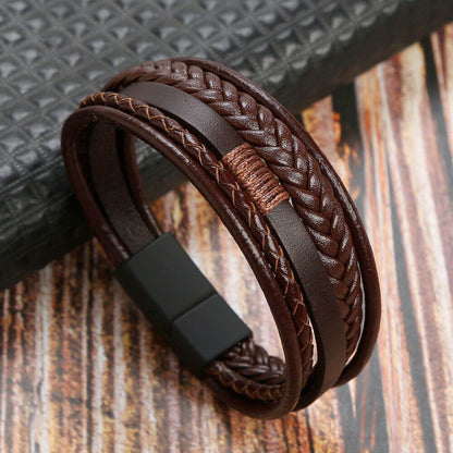 Men Bracelet Leather Bracelet Multi-Layer Magnetic Clasp, Brown