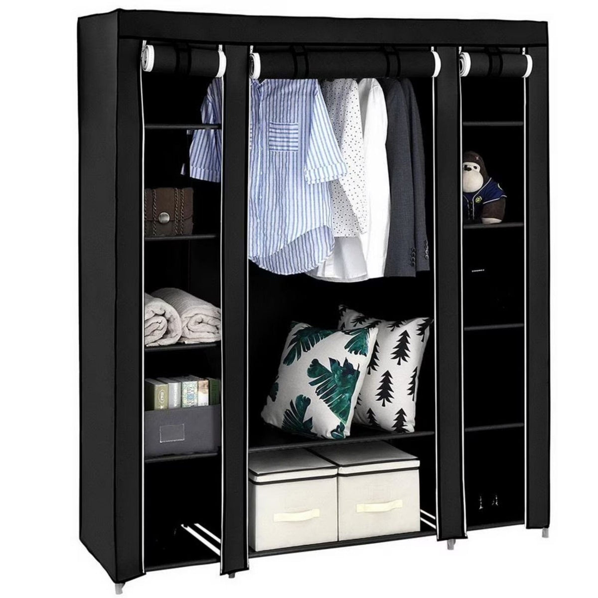 Portable Closet Wardrobe Rack Storage Organizer W/Shelves, Black