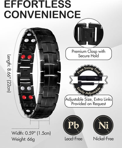 Mens Bracelet Magnetic Titanium Steel 4 Elements Magnets, Black