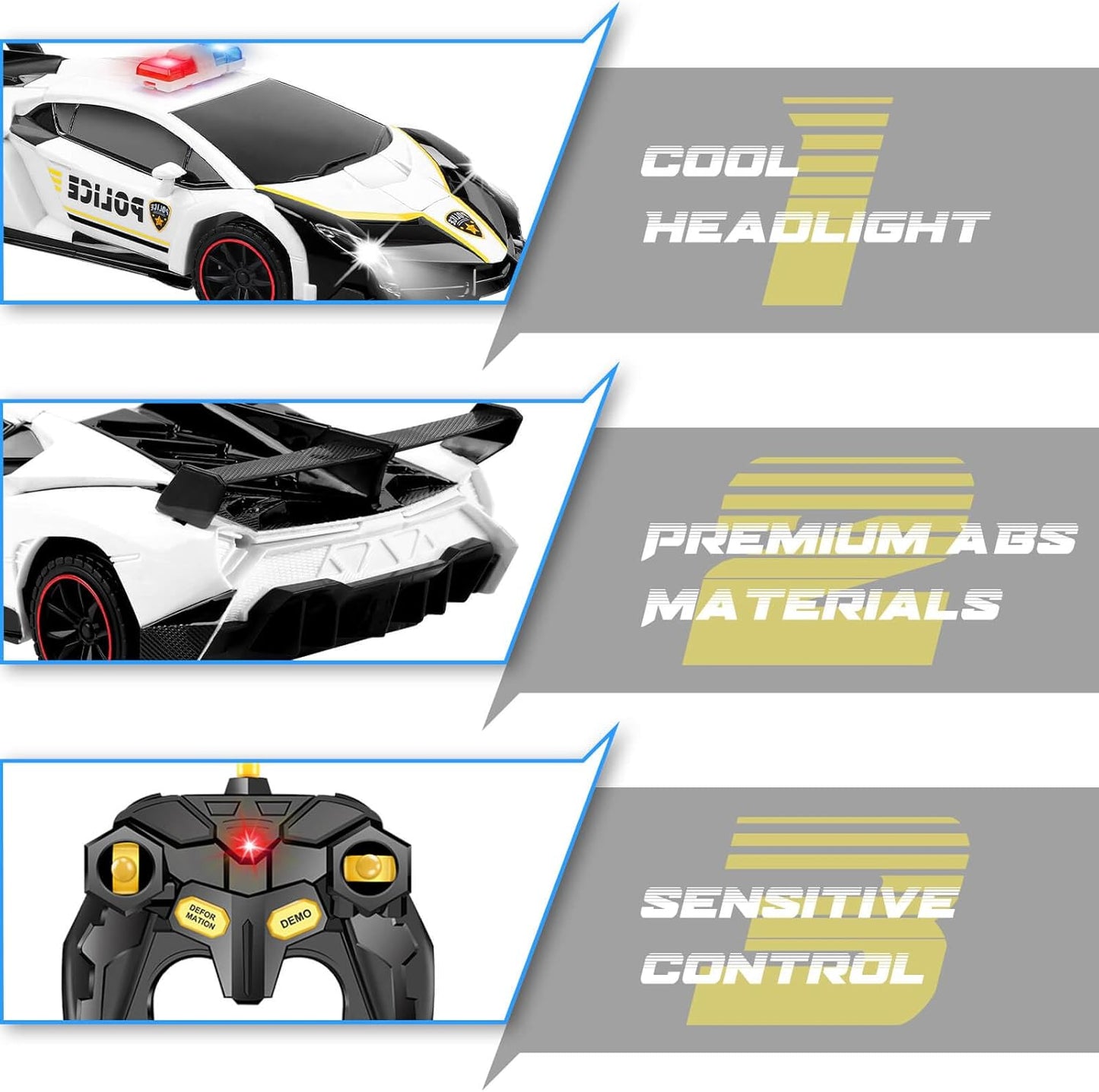 Transformer Robot RC Car One-Button Police Car W/LED Light, Black