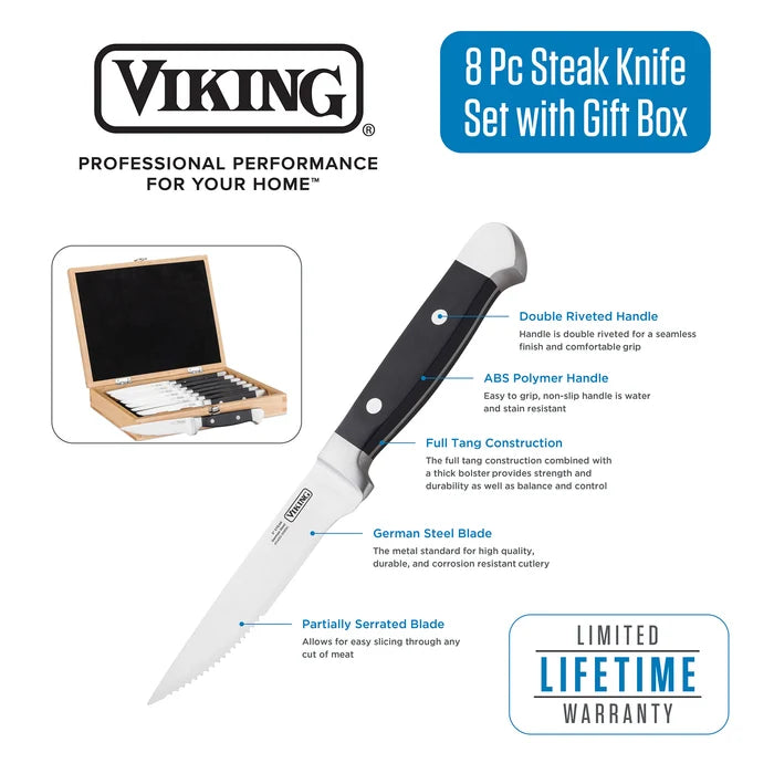 Viking Steak Knife Set ABS Polymer Handle 8-Piece Set W/ Box