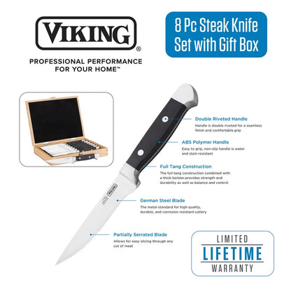Viking Steak Knife Set ABS Polymer Handle 8-Piece Set W/ Box
