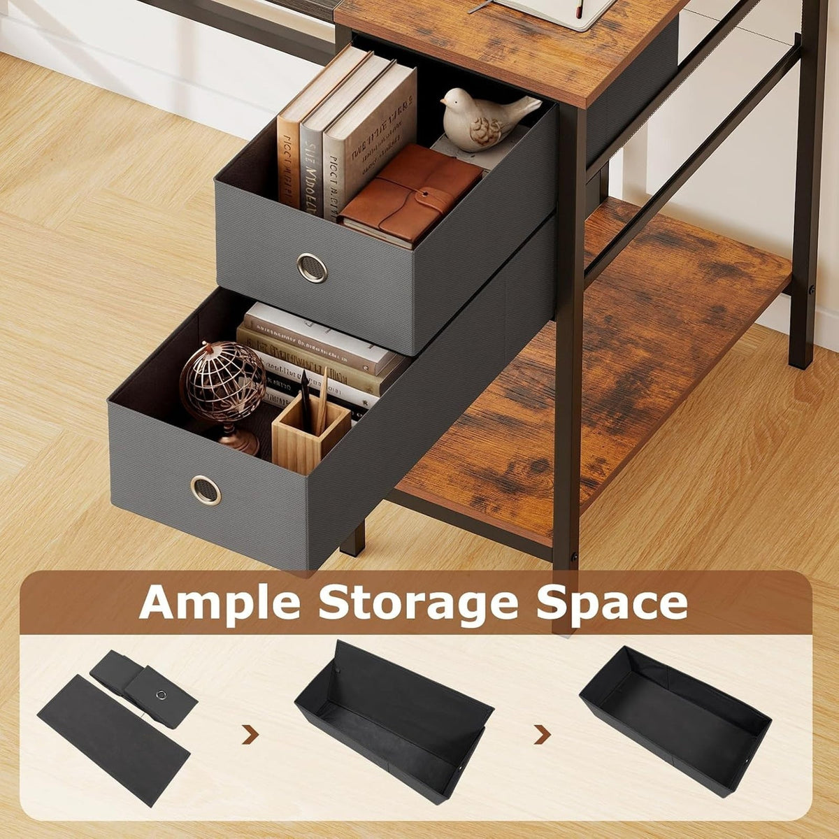 Computer Desk 2-Fabric Drawer Open Shelf 48"W Metal Frame Desk