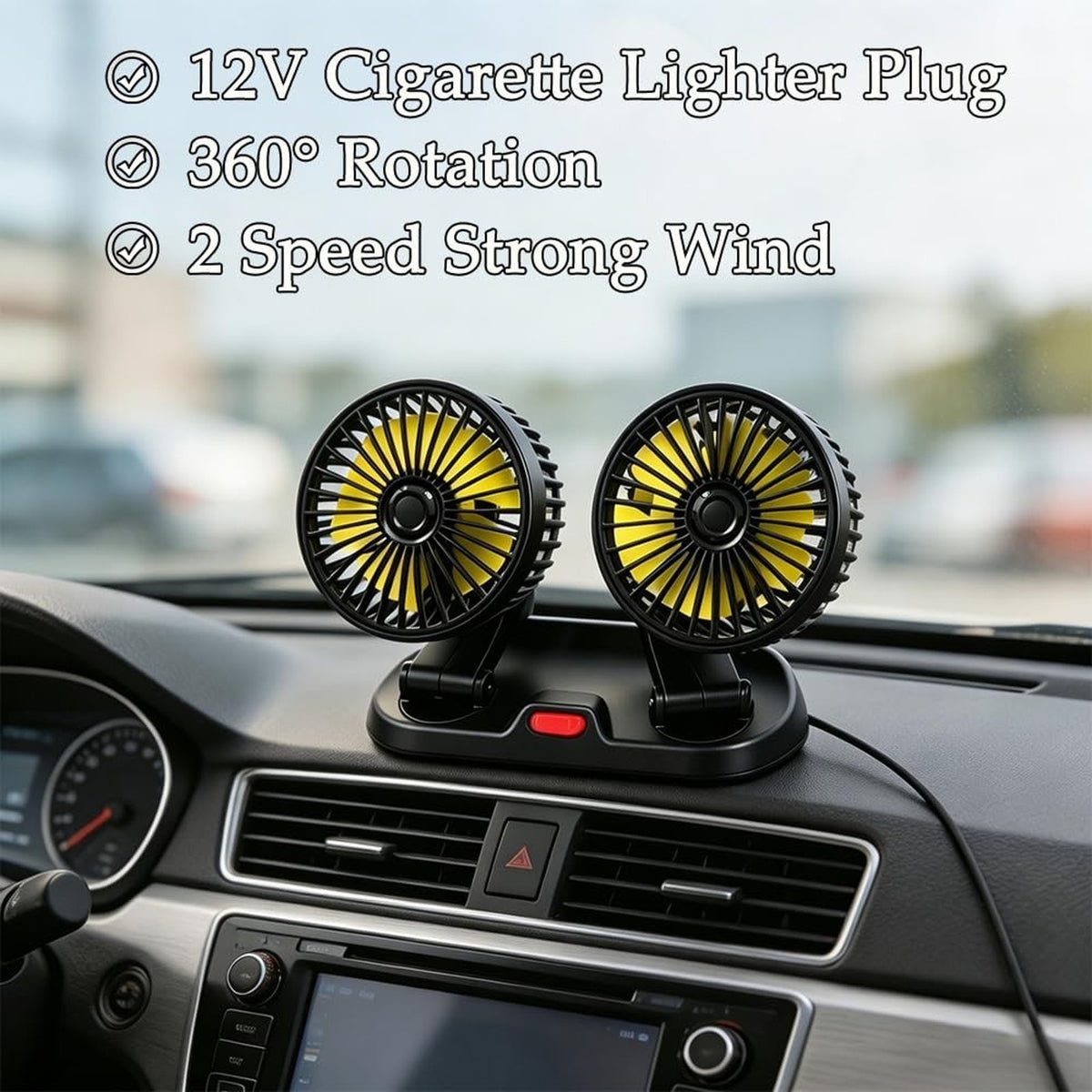 Dual Head Fan 12V Car Cooling 360° Rotatable Quiet & Powerful Automotive Fan