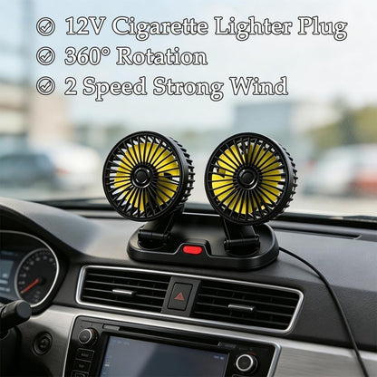 Dual Head Fan 12V Car Cooling 360° Rotatable Quiet & Powerful Automotive Fan