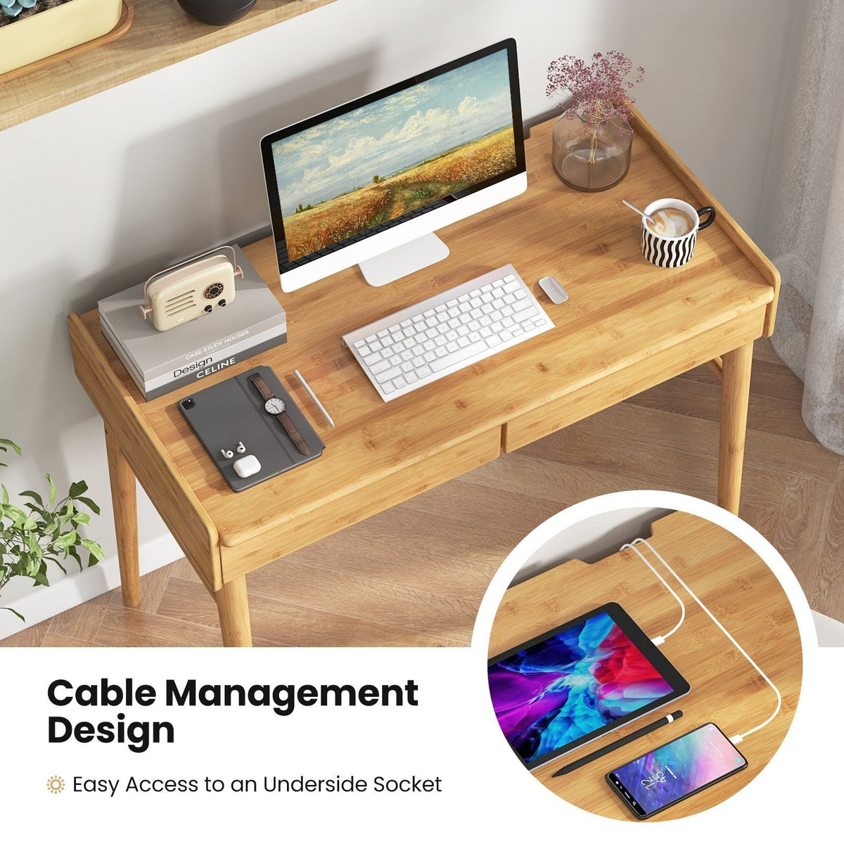 Bamboo Writing Desk W/2 Drawers & Open Shelf Study Writing Desk