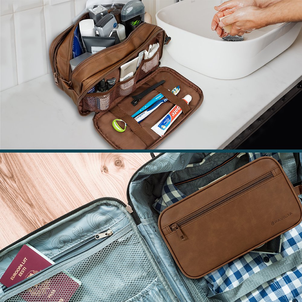Leather Travel Bag Water-Resistant Clip-on Buckles Toiletry Bag