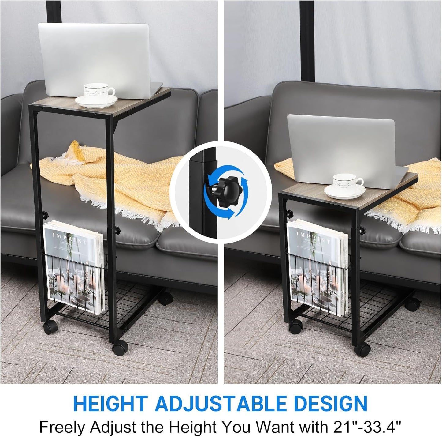 Side Table C-Shaped Rolling TV Tray Sofa Overbed Laptop Bed Desk
