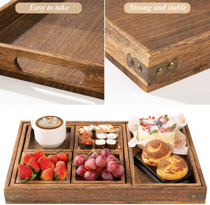 Wooden Serving Trays W/Handle Rectangular Rustic Tray, Set of 7