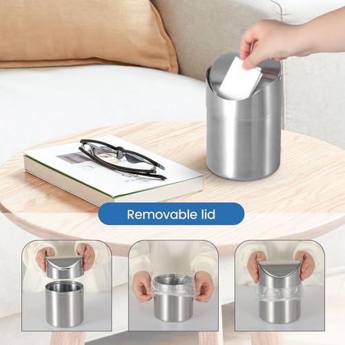 Mini Trash Can W/Lid, 1.5L Bin Brushed Stainless Steel Trash Can