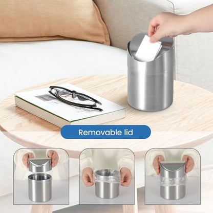 Mini Trash Can W/Lid, 1.5L Bin Brushed Stainless Steel Trash Can