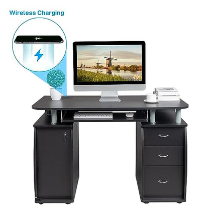 Writing Desk W/Charge Station MDF 3-Drawer Storage Cabinet, Black