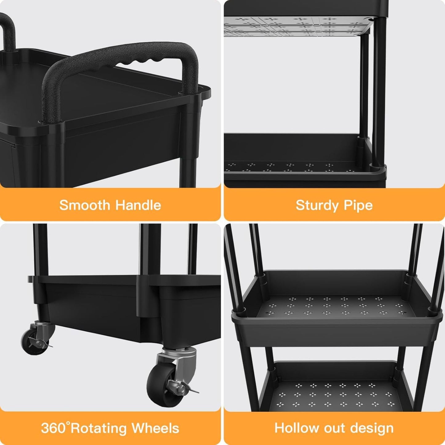 Rolling 3 Tier Utility Cart with Drawer Storage Organizer, Black