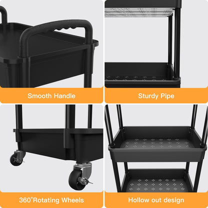 Rolling 3 Tier Utility Cart with Drawer Storage Organizer, Black