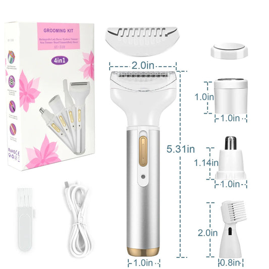 Women 4 IN 1 Grooming Kit Remover Nose Bikini Trimmer, Silver