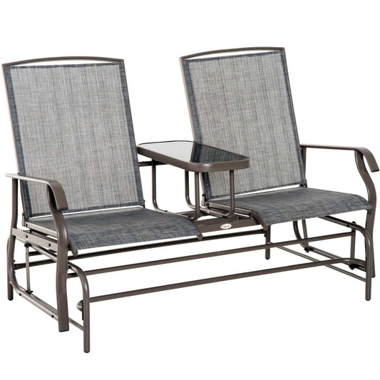Patio Bench W/Center Table Metal Frame Mesh Fabric Armrests Bench
