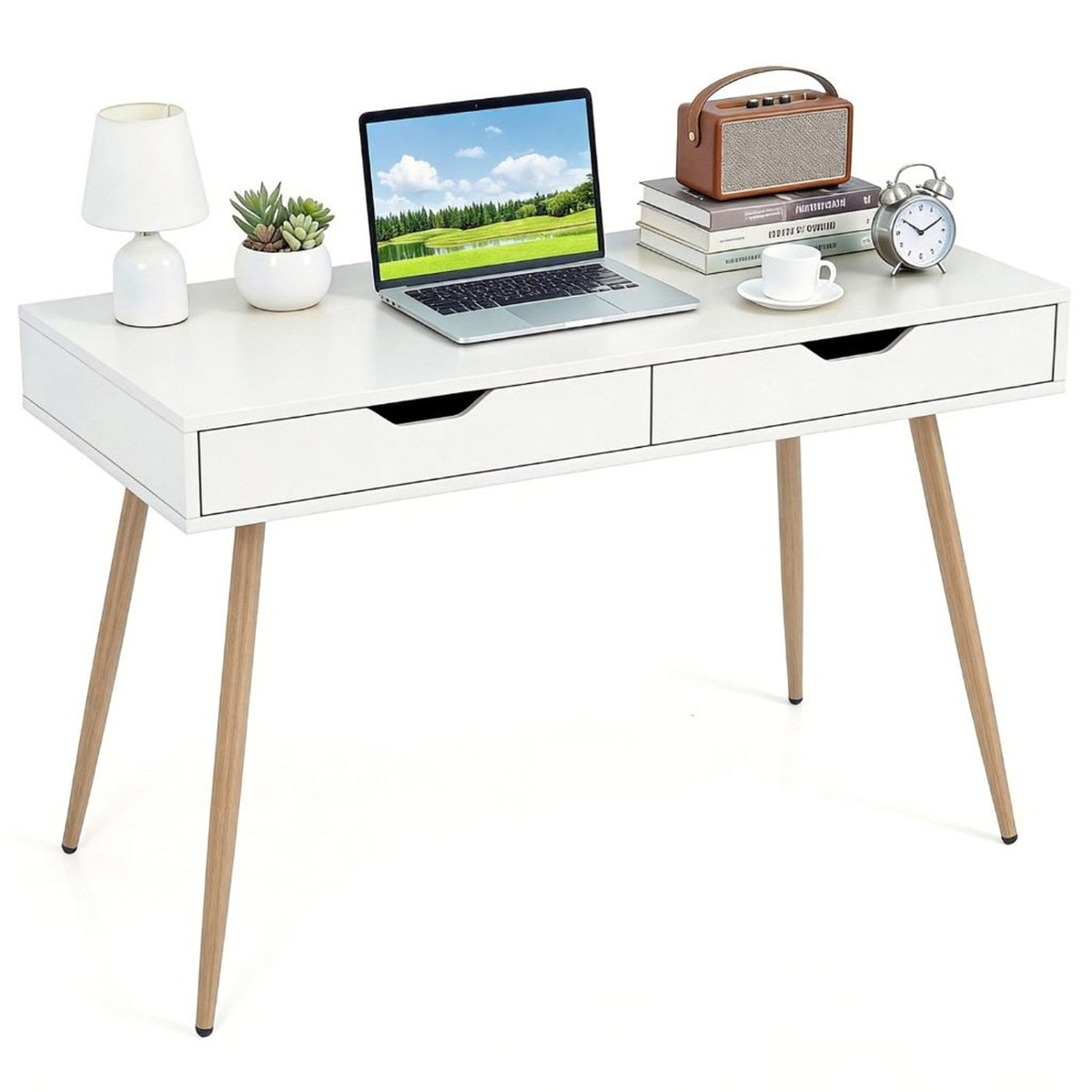 Modern White Writing Desk 2 Drawers Wood Legs 42.5" Home Office