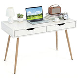 Modern White Writing Desk 2 Drawers Wood Legs 42.5" Home Office