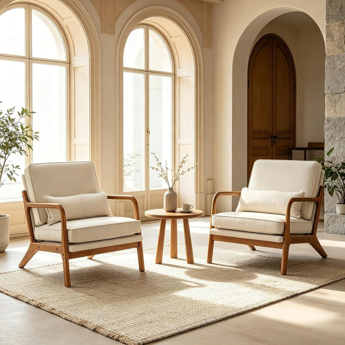 Modern Accent Chair Linen Beige Solid Wood Frame Reading Lounge