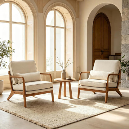 Modern Accent Chair Linen Beige Solid Wood Frame Reading Lounge