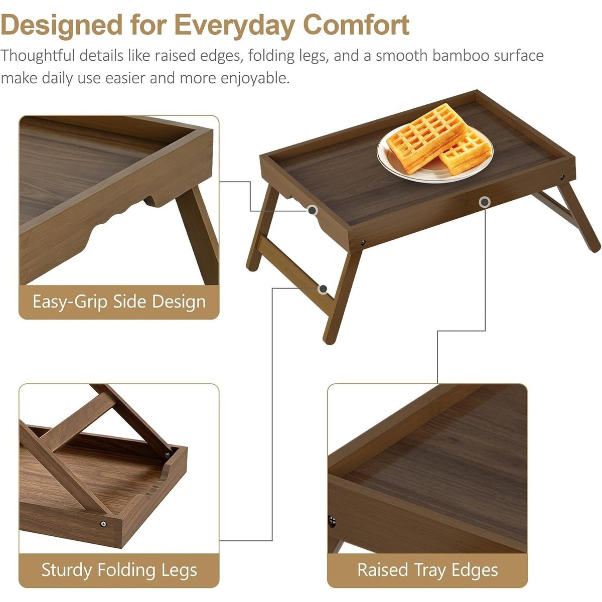 Bamboo Breakfast Tray Set of 2 Folding Legs Bed Sofa Tray, Walnut