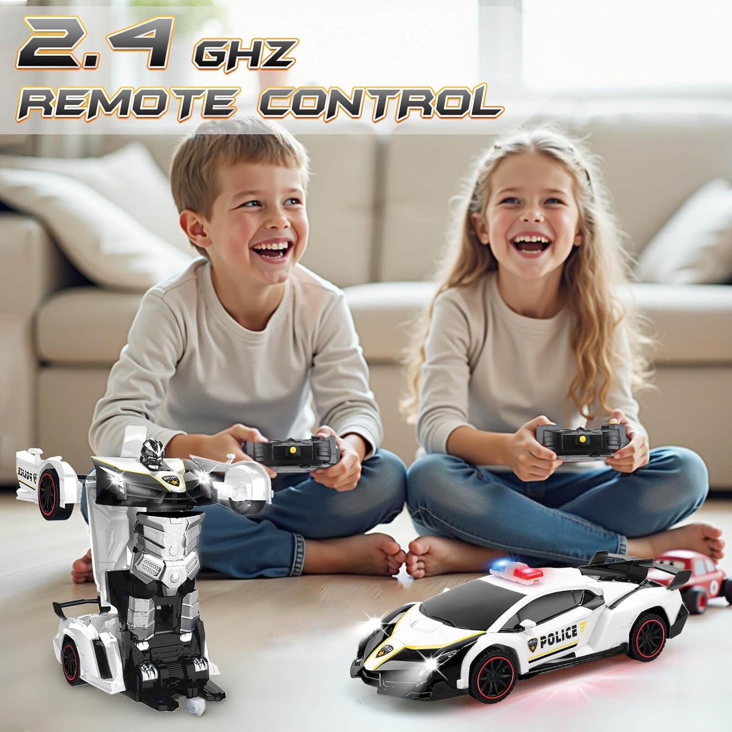 Transformer Robot RC Car One-Button Police Car W/LED Light, Black