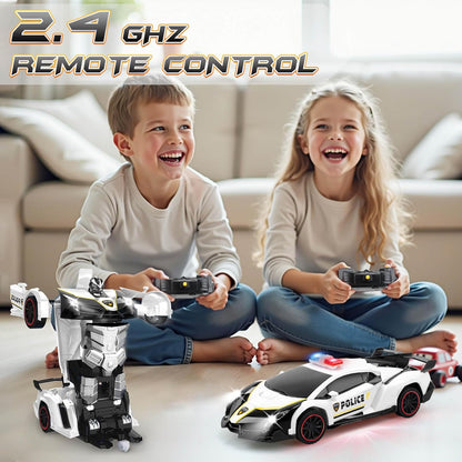 Transformer Robot RC Car One-Button Police Car W/LED Light, Black