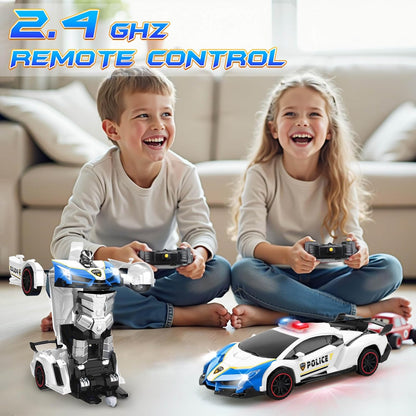 Transformer Robot RC Car One-Button Police Car W/LED Light, Blue