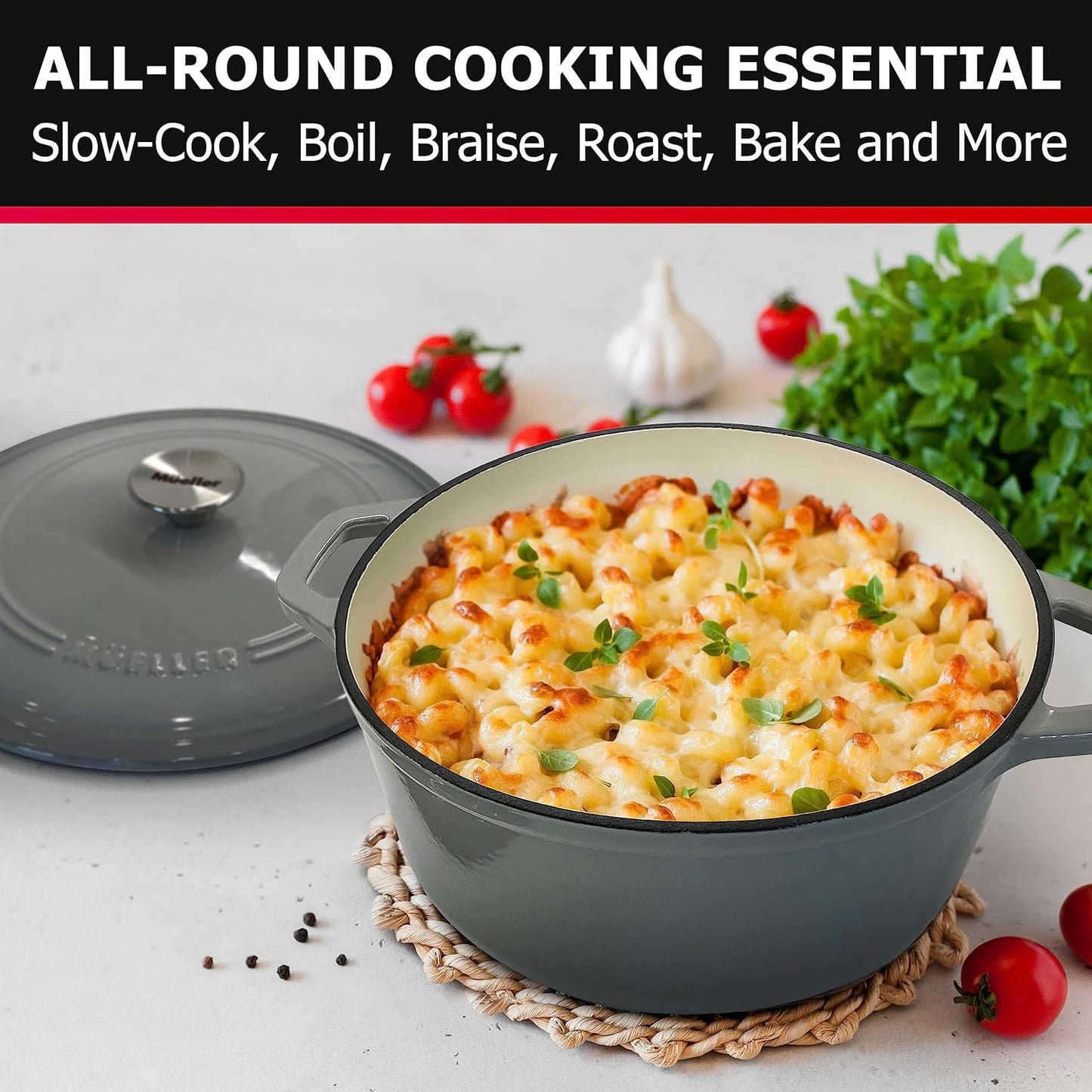 Enameled Cast Iron Dutch Oven Casserole W/Lid, 6 Qt - Gray