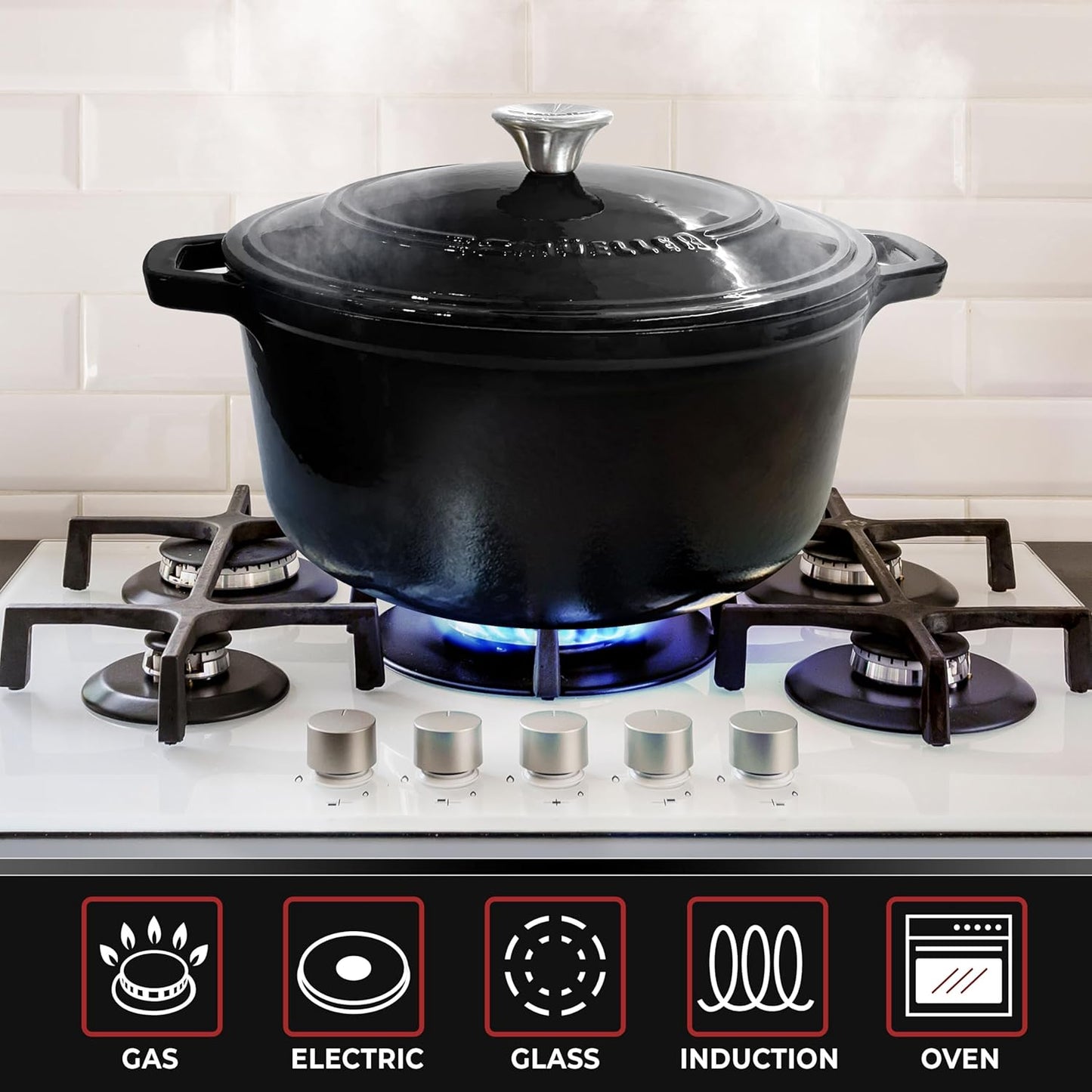 Enameled Cast Iron Dutch Oven Casserole W/Lid, 6 Qt - Black