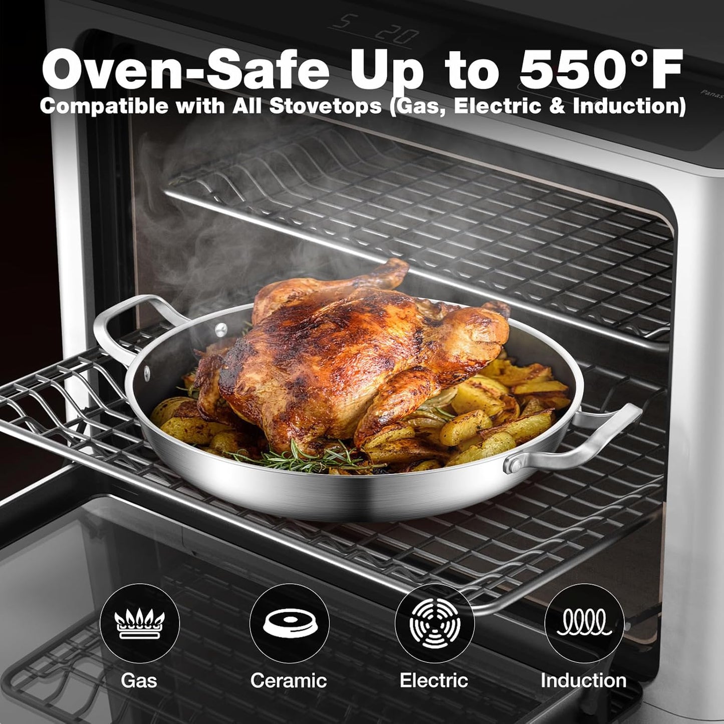 Paella Pan W/Lid Tri-Ply Stainless Steel Large Skillet, 13.5"