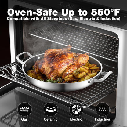 Paella Pan W/Lid Tri-Ply Stainless Steel Large Skillet, 13.5"