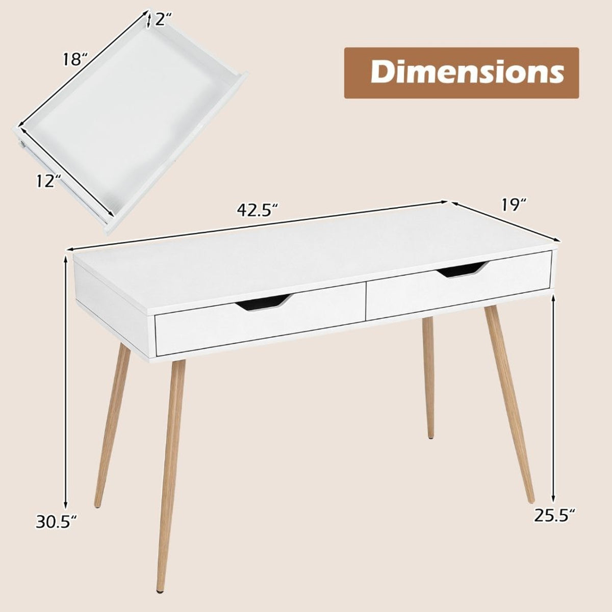 Modern White Writing Desk 2 Drawers Wood Legs 42.5" Home Office