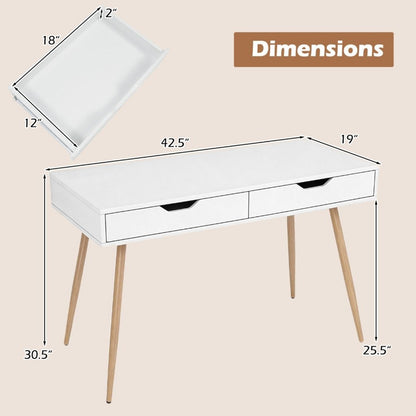 Modern White Writing Desk 2 Drawers Wood Legs 42.5" Home Office