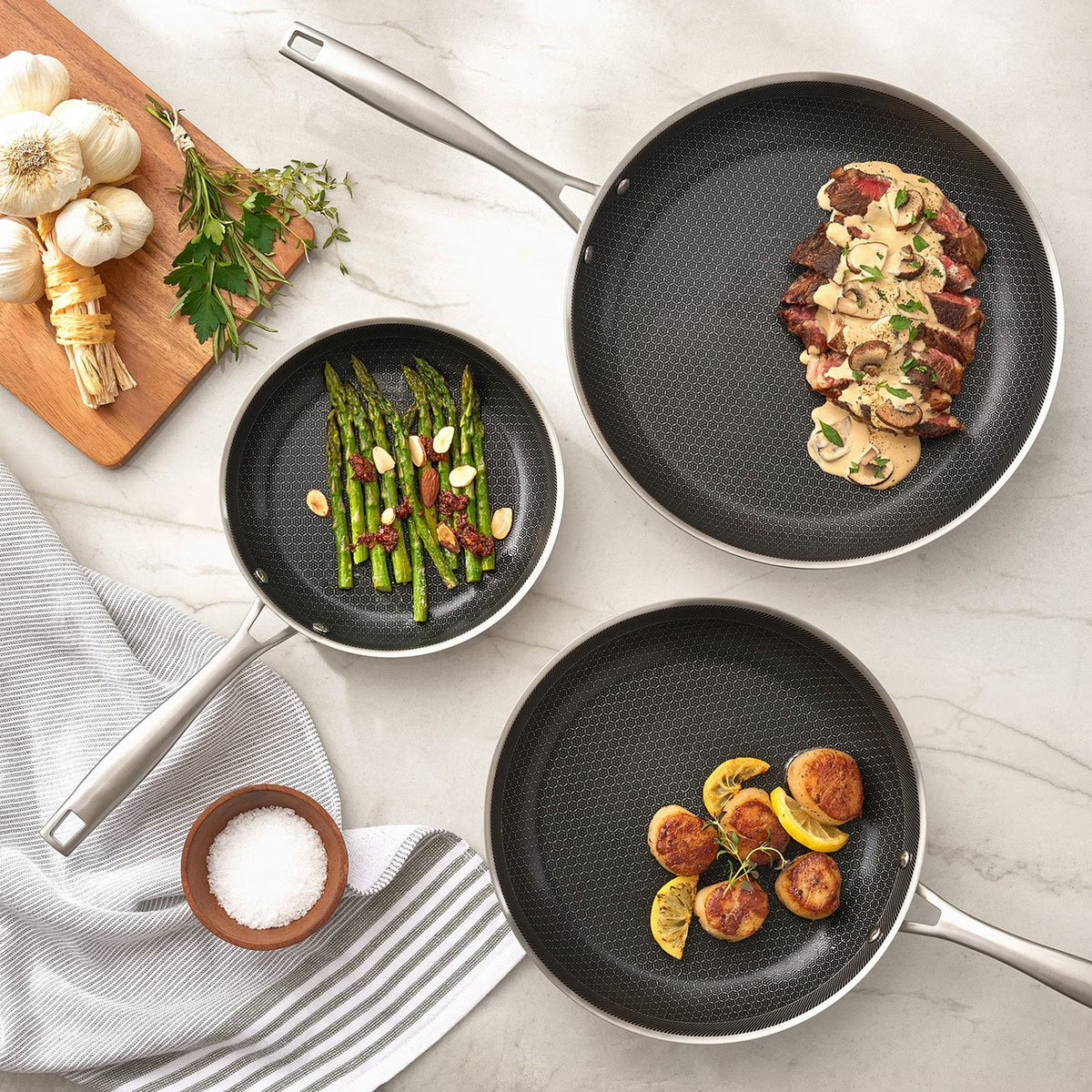 Ceramic Hybrid Fry Pan 3Pcs Set Hexagon Tri-Ply Pan , 8",10"& 12"