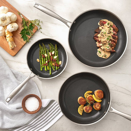 Ceramic Hybrid Fry Pan 3Pcs Set Hexagon Tri-Ply Pan , 8",10"& 12"