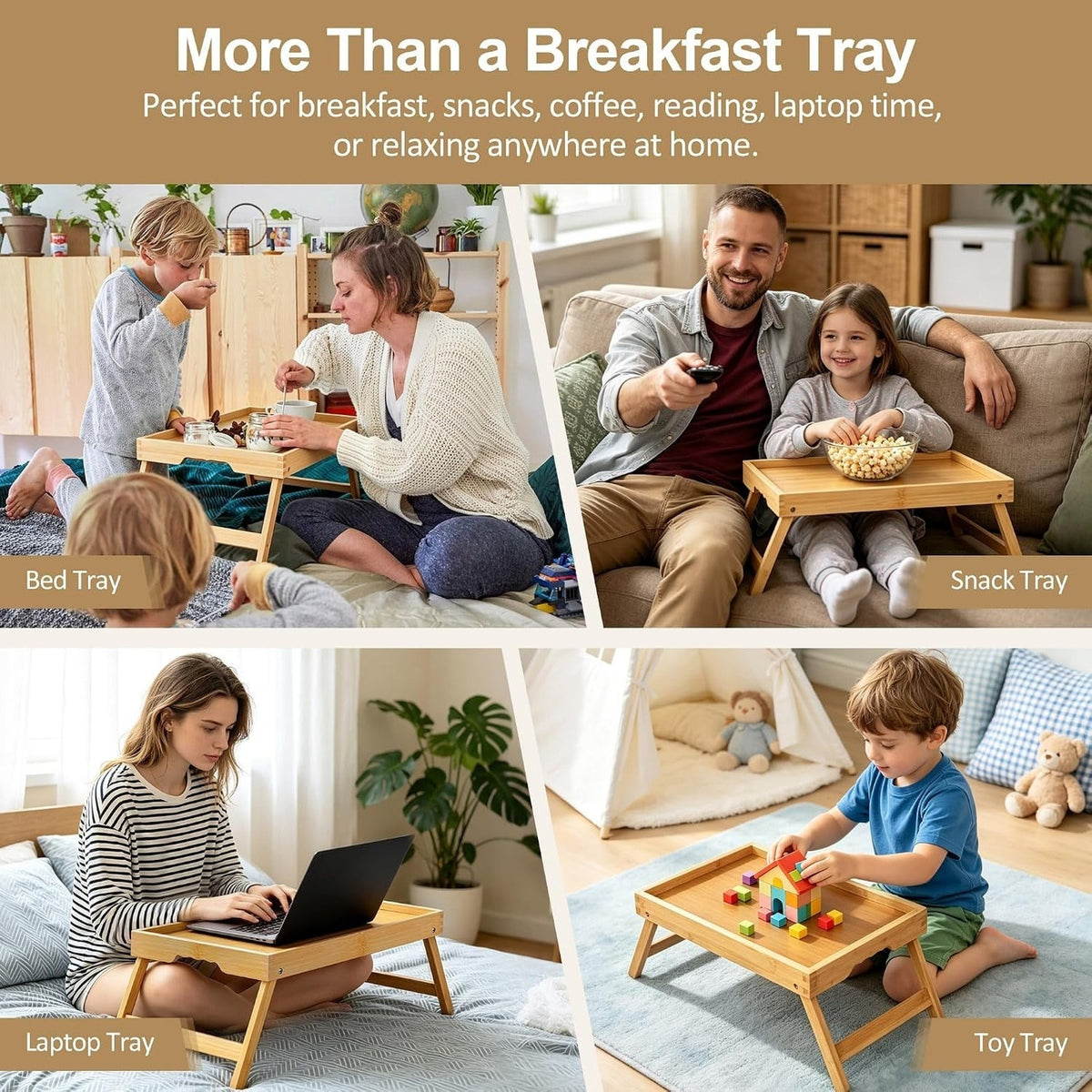 Bamboo Breakfast Tray Folding Breakfast Set of 2 Tray, Natural