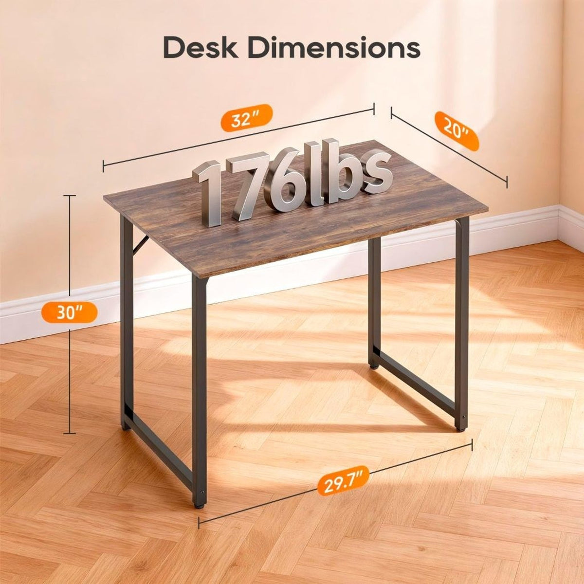 Small Computer Desk 32"W Office Writing Black Metal Table, Brown
