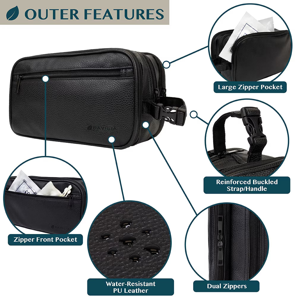 Leather Travel Bag Water-Resistant Clip-on Buckles Toiletry Bag