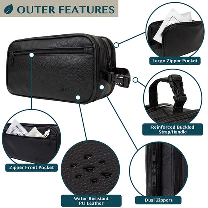Leather Travel Bag Water-Resistant Clip-on Buckles Toiletry Bag