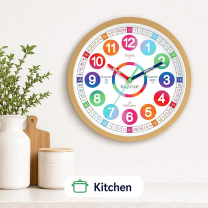 Learning Clock Kids Time Teaching Non Ticking Colorful 8" Clock