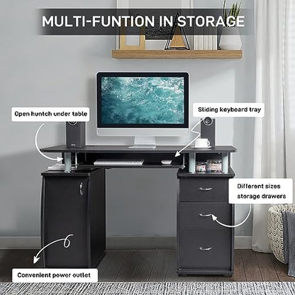 Writing Desk W/Charge Station MDF 3-Drawer Storage Cabinet, Black