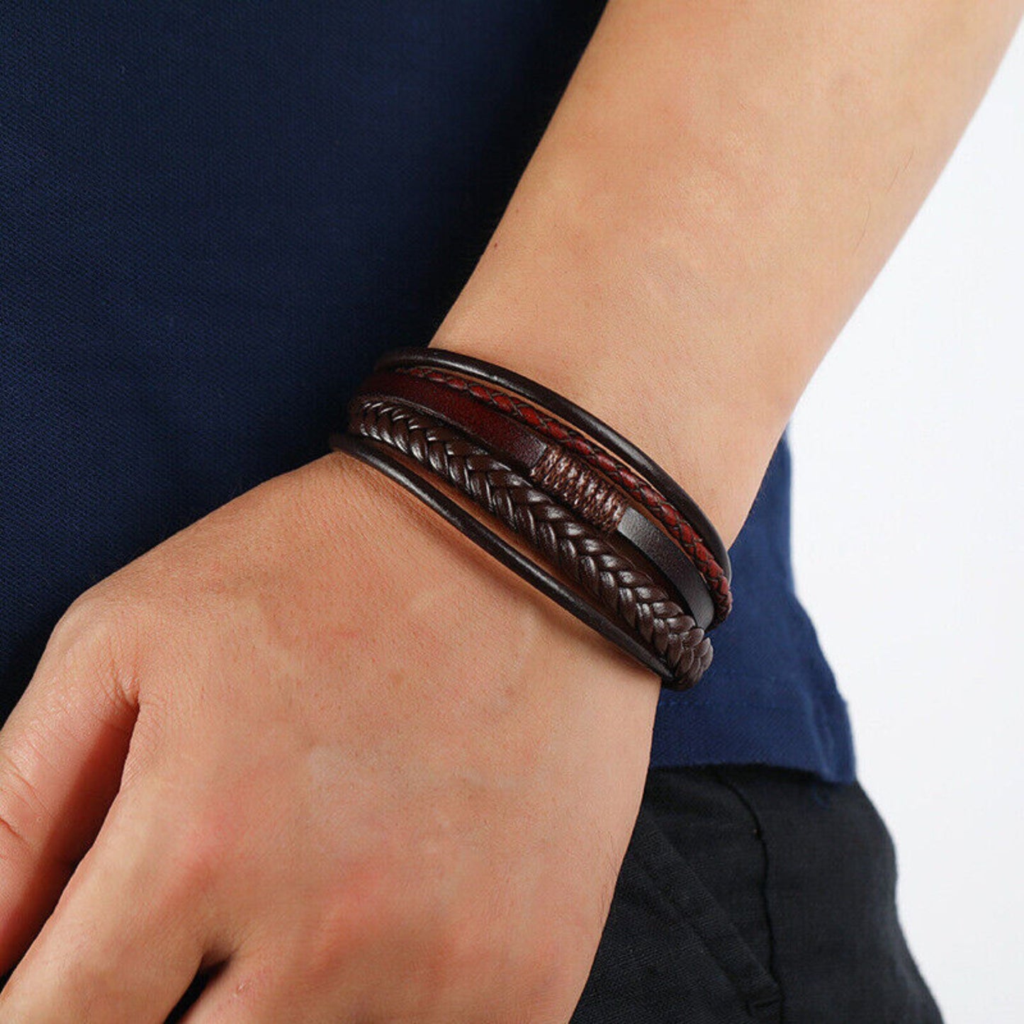 Men Bracelet Leather Bracelet Multi-Layer Magnetic Clasp, Brown