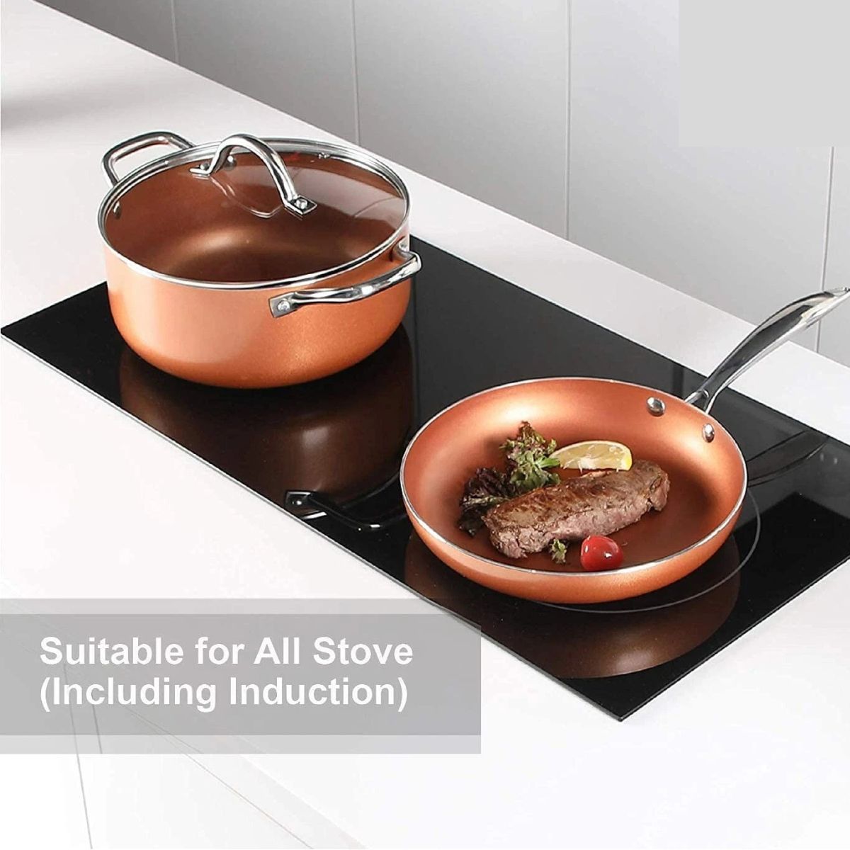 Copper Non-Stick Kitchen Cookware Set Pan & Pots 10-Piece Set
